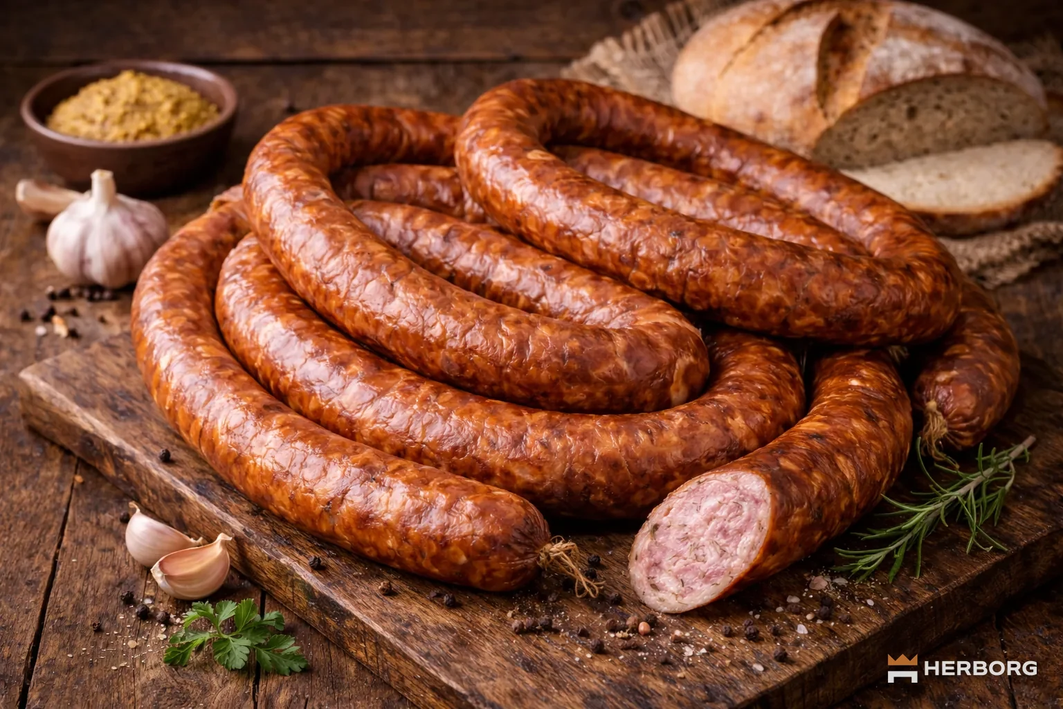 Zwoje wędzonej kiełbasy na desce, jeden baton przekrojony i widoczny przekrój – HERBORG
