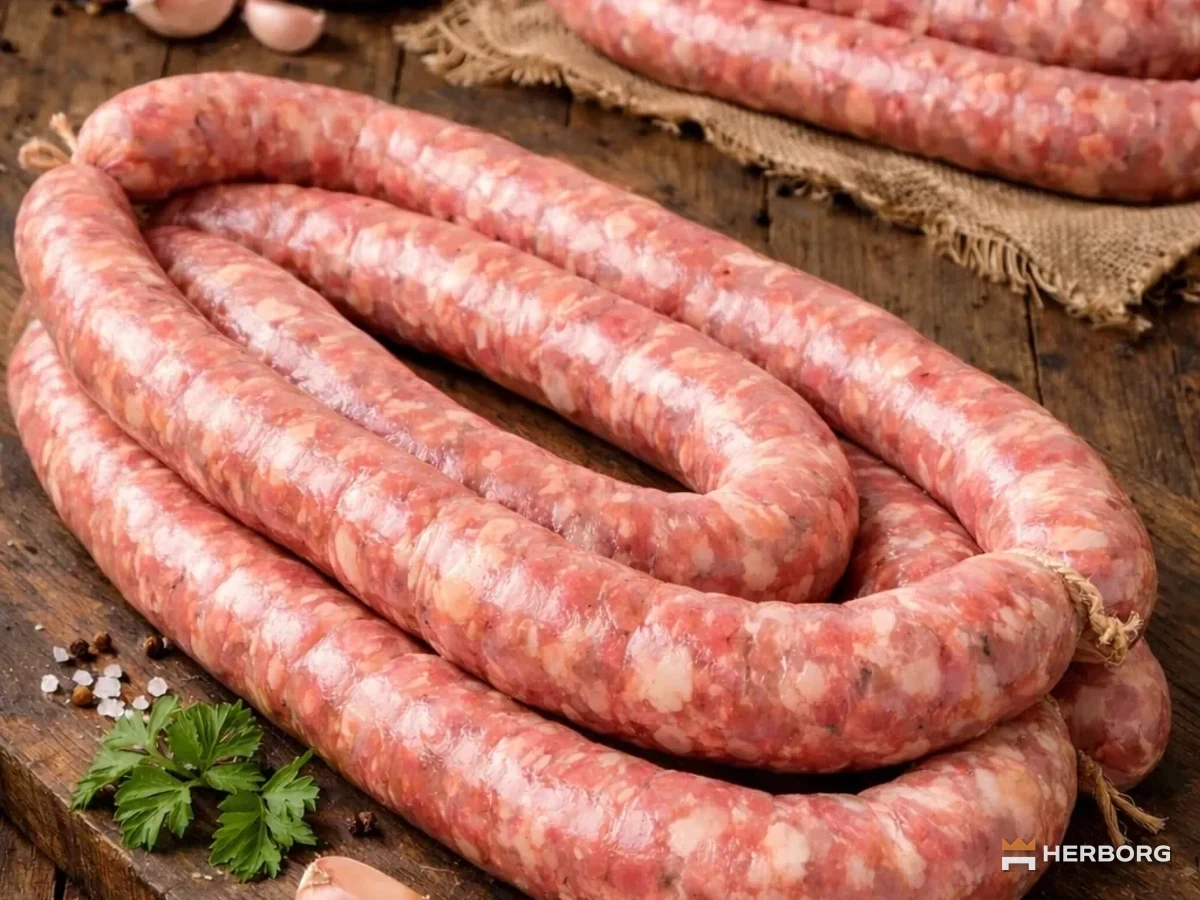Świeżo nadziana kiełbasa przed etapem fermentacji i suszenia — HERBORG