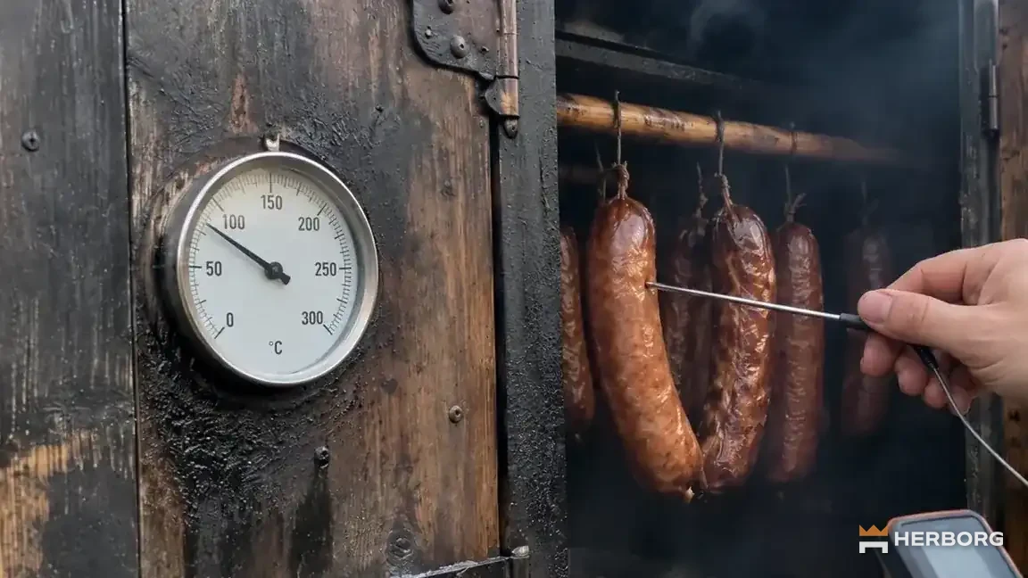 Sonda termometru mierząca temperaturę wewnątrz kiełbasy podczas końcowej obróbki – HERBORG
