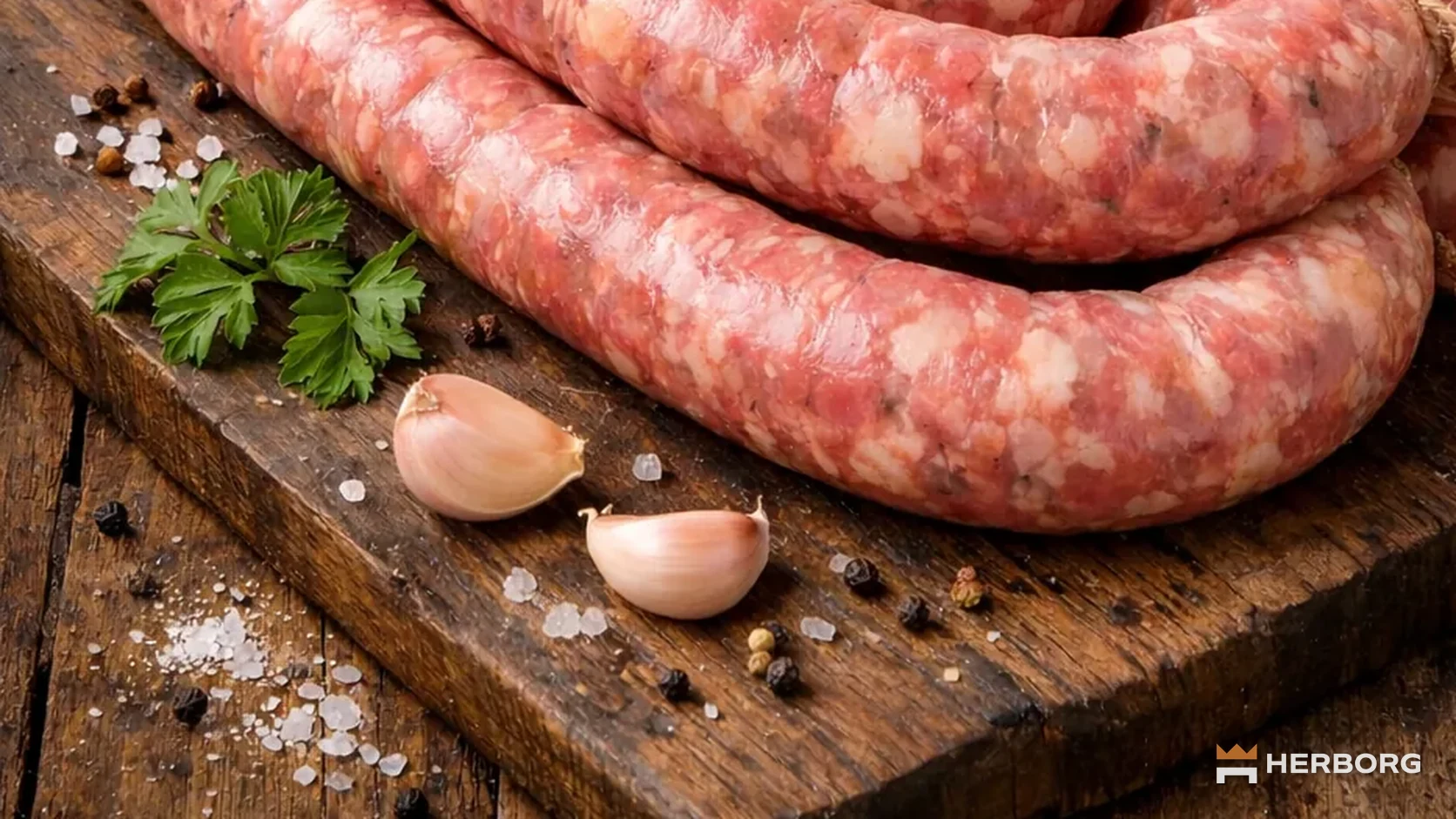 Domowe przygotowanie świeżej kiełbasy na drewnianym blacie – HERBORG
