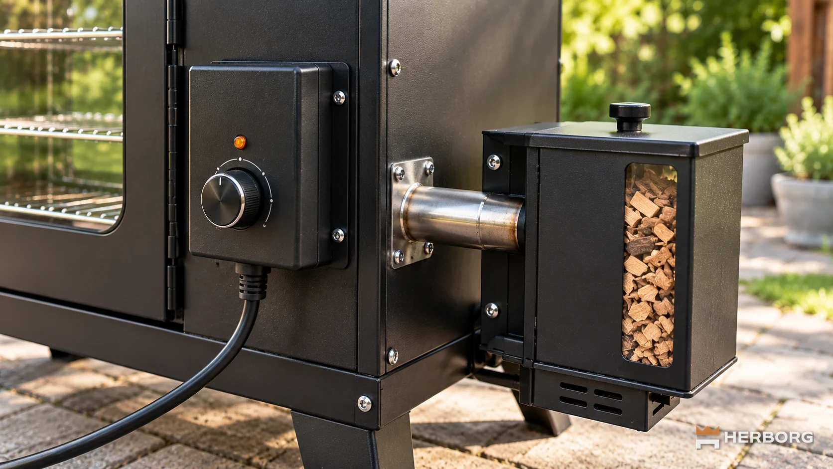Sterownik i osobny generator dymu ze zrębkami przy czarnej wędzarni elektrycznej – HERBORG