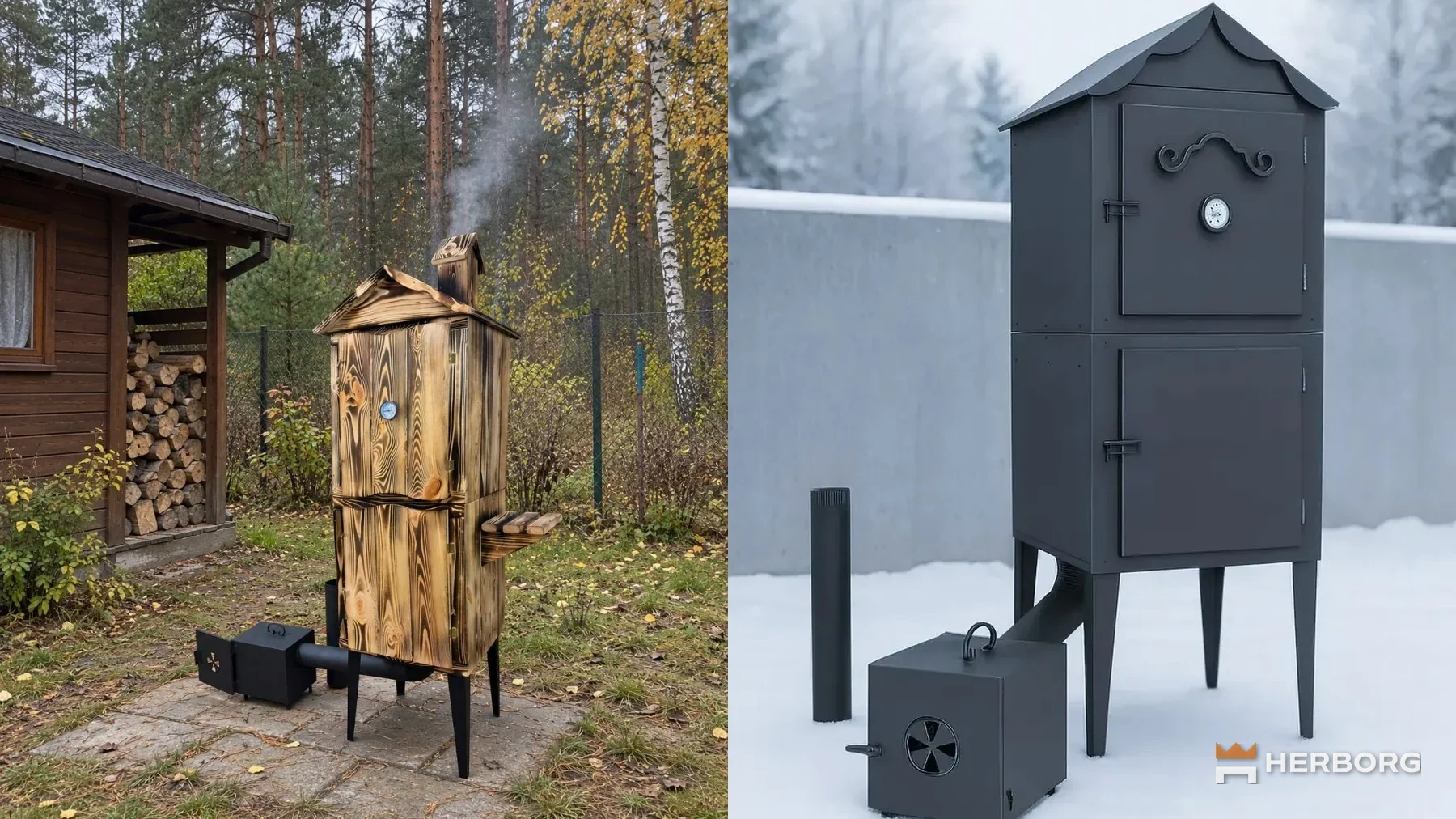 Drewniana wędzarnia HERBORG EH-010OP jesienią na działce i metalowa EH-020 zimą na śniegu – HERBORG