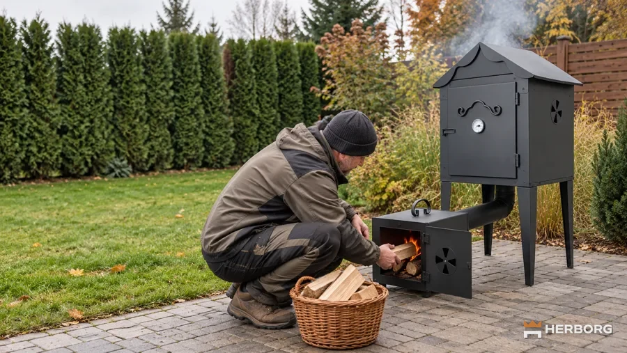 Metalowa wędzarnia HERBORG EH-018 w jesiennym ogrodzie – HERBORG