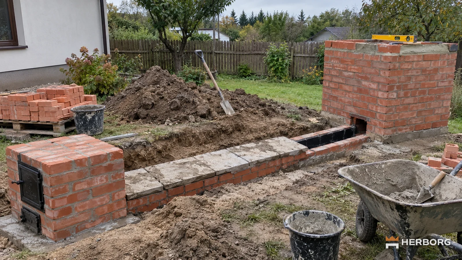 Budowa wędzarni murowanej: palenisko, kanał dymowy i komora z cegły w trakcie budowy — HERBORG