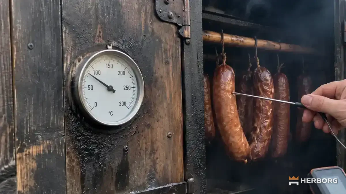 Termometr tarczowy na drewnianej wędzarni i sonda w mięsie – HERBORG